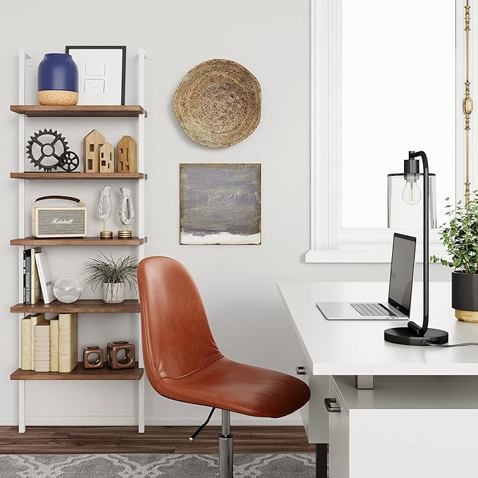 Nathan James Theo 5-Shelf Wood Modern Bookcase, Open Wall Mount Ladder Bookshelf with Industrial Metal Frame, Light Brown Oak/White