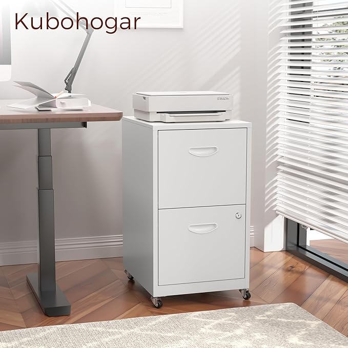 2 Drawer Mobile File Cabinet with Lock, White Metal Filing Cabinets with Wheels, Vertical Rolling File Cabinet Fit Hanging Files, Letter and A4 Documents