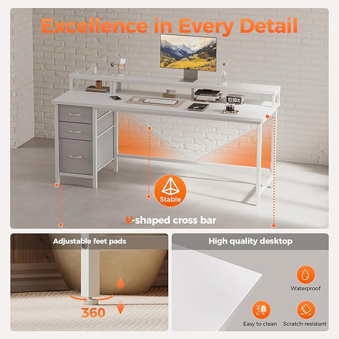 Mericonia Computer Desk 63 inch with Power Outlets & LED Lights, Gaming Desk with 3 Drawers for Home Office, Small Desk with Monitor Stand for Small Spaces, Study Writing Desk