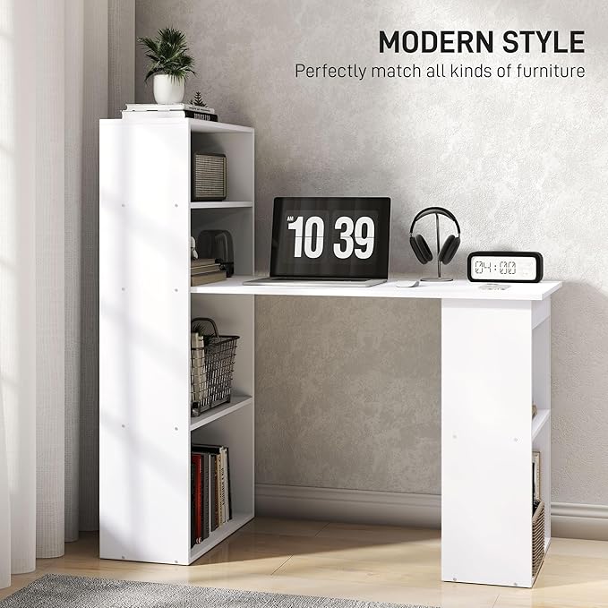 HOMCOM Modern Home Office Desk with 6-Tier Storage Shelves, 47" Writing Desk with Bookshelf, White
