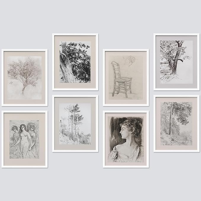 SIGNWIN Framed Poster Bathroom Decor 11"x14"x 8 White, Wall Art Room Decor Multicolor for Living Room, Bedroom, Office Black White Forest Landscape Female Portrait Vintage Illustrations Bohemian