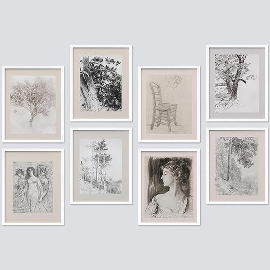 SIGNWIN Framed Poster Bathroom Decor, Wall Art Room Decor Multicolor for Living Room, Bedroom, Office Black White Forest Landscape Female Portrait Vintage Illustrations Bohemian - 12"x16"x 8 White