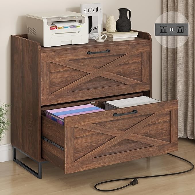 2 Drawer Lateral File Cabinet, Filing Cabinet with Charging Station for Letter/Legal/A4 Size Hanging Files, Modern Farmhouse File Cabinet for Home Office, Printer Stand with Storage, Dark Walnut