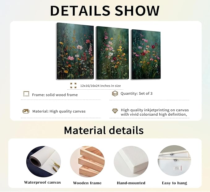3Pcs Dark Green Floral Canvas Wall Art Moody Wildflowers Poster Prints Vintage Nature Rustic Botanical Flowers Pictures for Bedroom Living Room Office Bathroom Wall Decor 12x16in Framed
