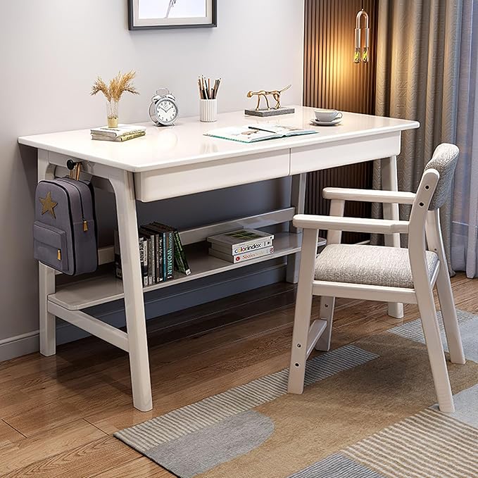 SAZDFY Solid Wood Home Office Desk Workstation, Writing Desk with 2 Drawer and Shelves,Mid Century Modern Computer Desk PC Study Table for Small Spaces(120x60x75cm(47x24x29in), White)