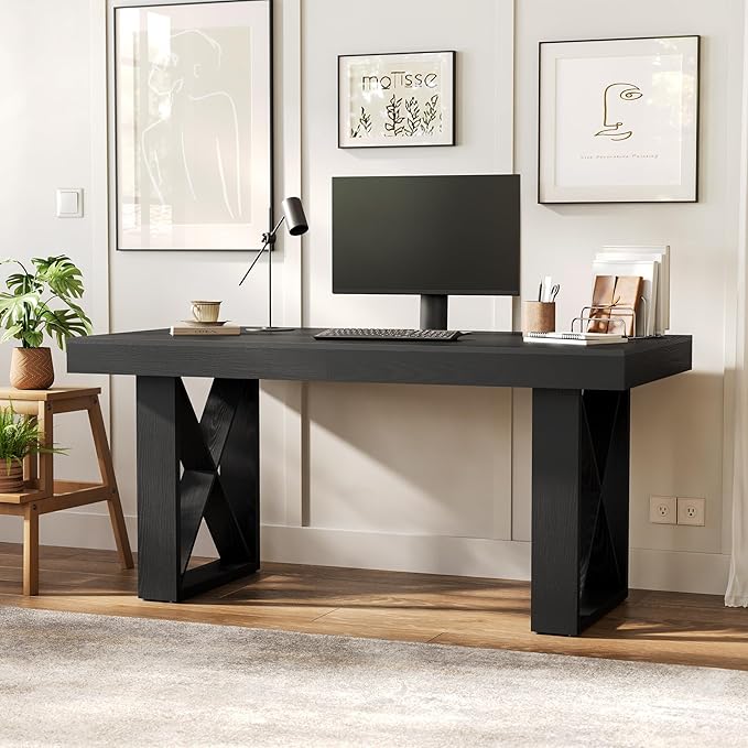 LITTLE TREE 63-Inch Long Computer Desk, Simple Wood Thick Appearance Design, Study Writing Gaming Work Executive Desk for Home Office, Black