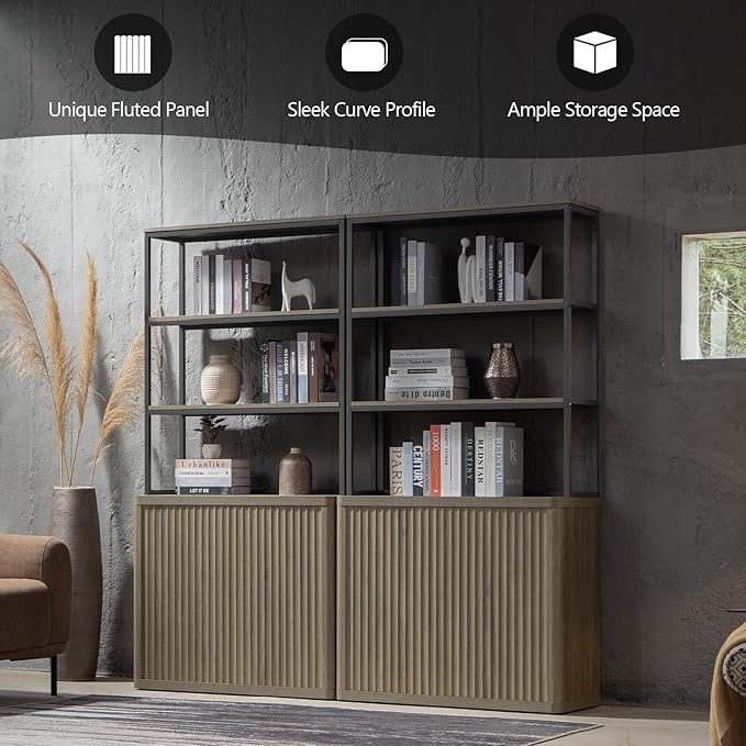 SICOTAS Book Shelf Fluted Bookshelf 71" Tall Bookcase with Doors Storage 5 Tier Mid Century Modern Bookshelves Large Shelves Metal Book Cases for Living Room Office Bedroom Kitchen Library