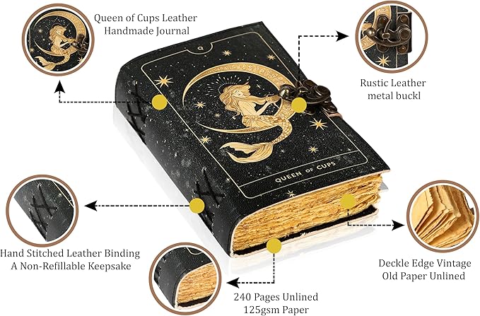 TUZECH Book of Spells Leather Bound Journal Deckle Edge Paper Grimoire Printed Diary Third Eye witchcraft supply and Witch Spell Notebook Antique Vintage Book for Men and Women (Queen of Cups)