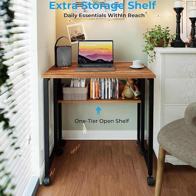 GreenForest Folding Desk Small Rolling Desk with Storage Shelf, 24.8 inch Foldable Computer Desk with Wheels for Small Space, Easy Assembly,Walnut