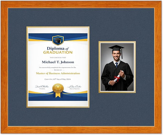 Diploma Frame With Photo Opening Honey Oak Navy Blue Over Gold Mat - Fits 8.5 x 11 Degree and Picture Made in the USA