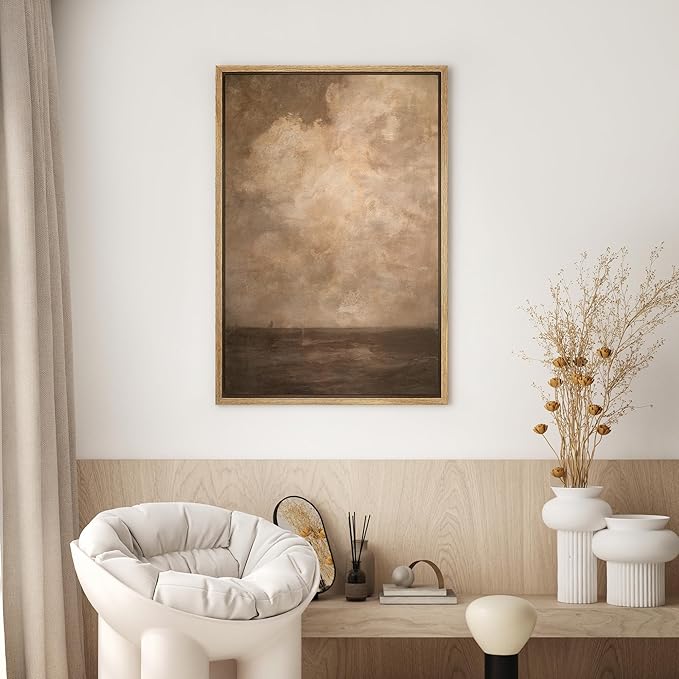 SIGNWIN Framed Canvas Print Wall Art Moody Neutral Sky and Distant Horizon Landscape Illustrations Modern Decorative for Living Room, Bedroom, Office - 24"x36" NATURAL