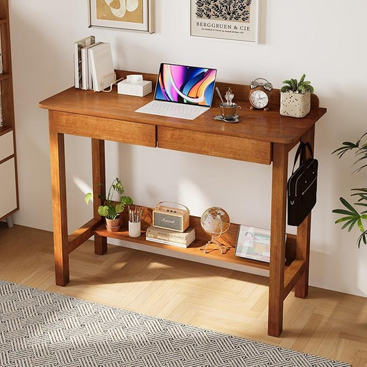 Mid Century Modern Desk - Walnut, 39 x 16 Inch Narrow Desk with 2 Drawers, Bookshelf & 2 Hooks, Writing & Computer Desk for Small Spaces
