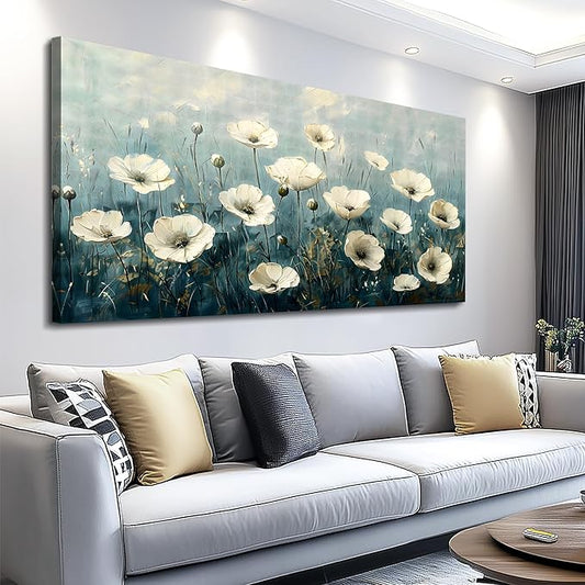 FUHAIHUA Canvas Wall Decor For Bedroom Large Wall Art For Living Room Office Decorations White Flowers Landscape Painting Modern Wall Pictures Aesthetics Posters Ready To Hang Home Decor 24x48 In