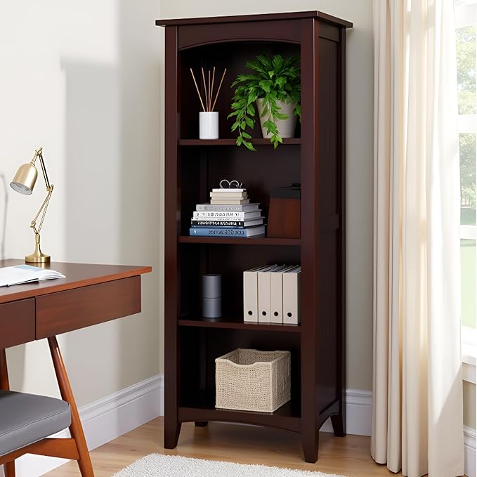 Shaker Cottage 4-Shelf Bookcase – Classic Wood Bookshelf with Beadboard Side Panels, Tapered Legs, and Open Storage for Living Room, Office, or Kids Room by Alaterre Furniture (Espresso Finish)