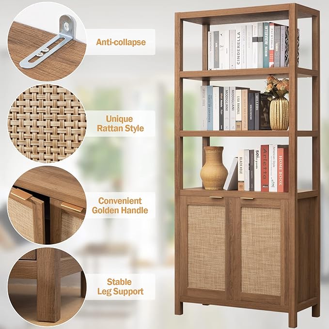 SICOTAS Bookshelf 5 Tier Book Shelf Rattan Boho 71" Tall Bookcase with Doors Storage Shelves Large Bookshelves Farmhouse Bookcases Library Book Case for Living Room Bedroom Home Office Kitchen | Book Shelf, Bookcase, Storage Shelves, Large Bookshelves,...