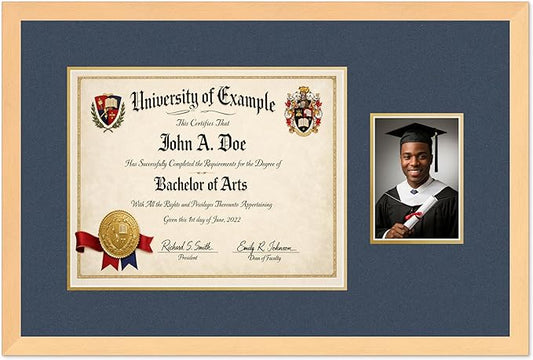 CountryArtHouse Fits 15 x 12 Military/Government and 5 x 7 Photo Diploma and Photo Frame Natural Wood Genuine Hardwood with Navy Blue Over Metallic Gold Double mat