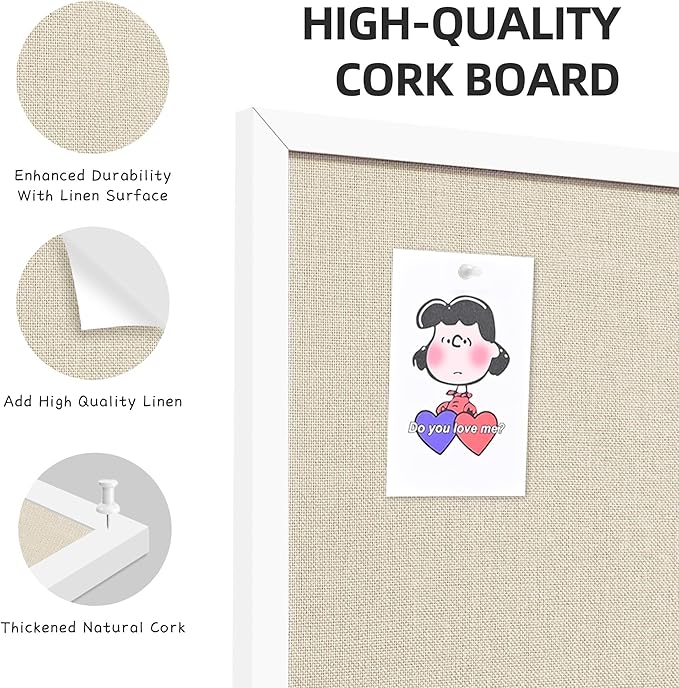 24x36 Inch Cork Board for Wall Hanging with Linen, Bulletin Board with Push Pins, Mounted Memo Message Board for Home Office Decor, Dorm Room Essentials, Classroom Organization