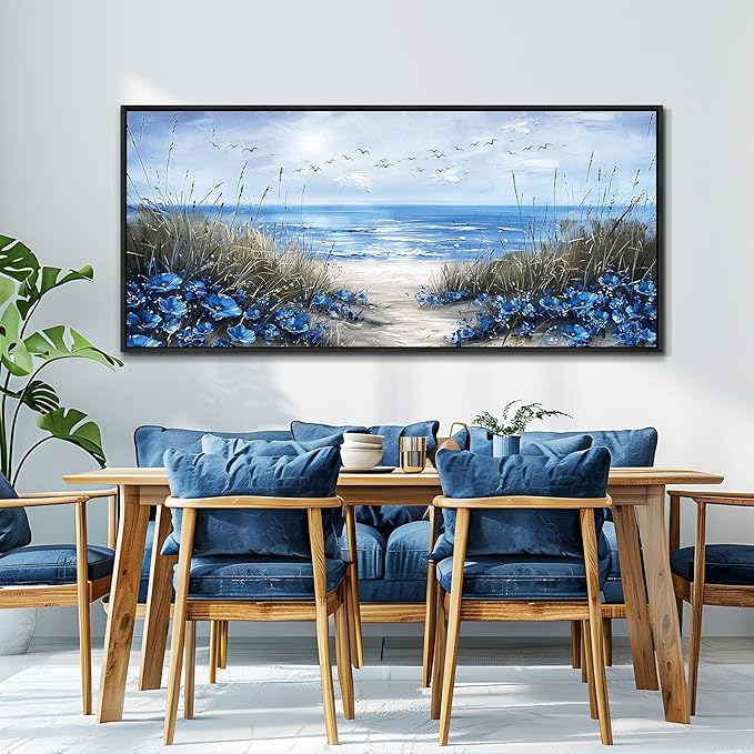 KELIYUAN Blue Ocean Wall Painting Wall Art For Living Room Large Canvas Wall Decor For Bedroom Office Decor Sea Wave Pictures Artwork Modern Beach Posters Aesthetic Home Decor Wooden Frame 32"X72"