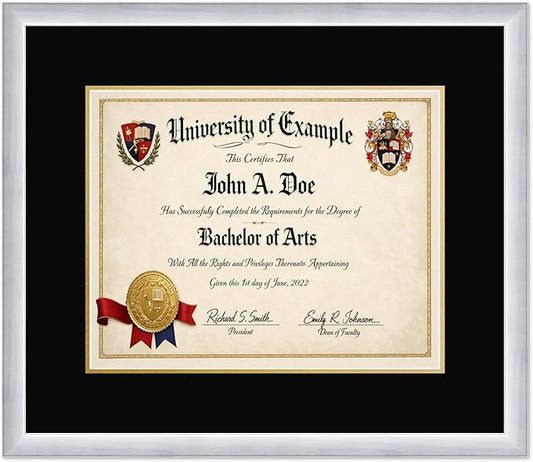 CountryArtHouse Diploma Frame Fits 15 x 12 Military/Government - Keepsake Graduation Display Stainless Silver Genuine Hardwood with Black Over Metallic Gold Double mat