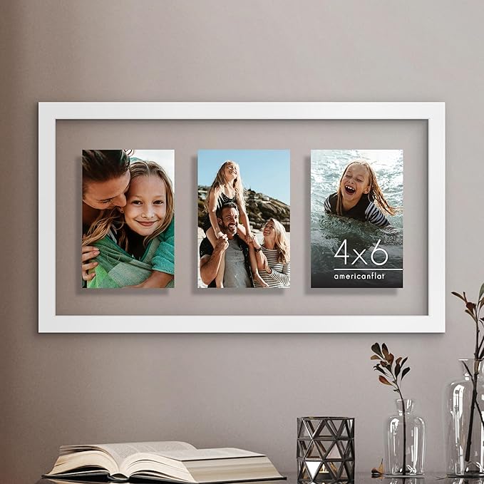 Americanflat 4x6 Collage Picture Frame with Shatter-Resistant Glass - Fits Three 4x6 Photos or use as One 9x17 Frame - Signature Collection - Collage Frames with Floating Effect - White