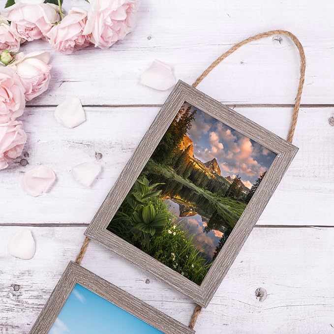 Lavezee 5x7 Collage Hanging Triple Picture Frames Set, Rustic 6 Opening Vertical Frame Made to Display 5 by 7 Inch Photo Postcard for Wall Decor