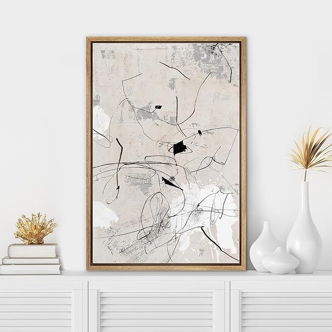 SIGNWIN Framed Canvas Print Wall Art Mid-Century Retro Grunge Paint Strokes, Abstract Art for Living Room, Bedroom, Office - 16"x24" Natural