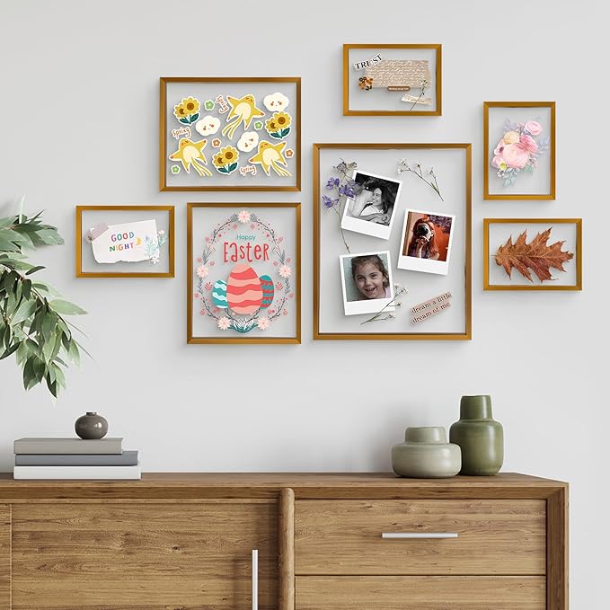 Frametory, Floating Picture Frames Set - Bronze Metal Photo Frames - Real Glass - Display One 11x14, Two 8x10, and Four 5x7 Inch Photos for Home Decoration