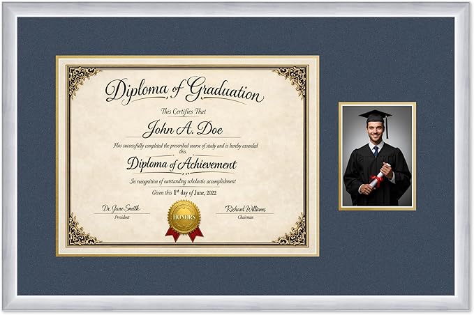Diploma Frame With Photo Opening Stainless Silver Navy Blue Over Gold Mat - Fits 17 x 13 Degree and Picture Made in the USA