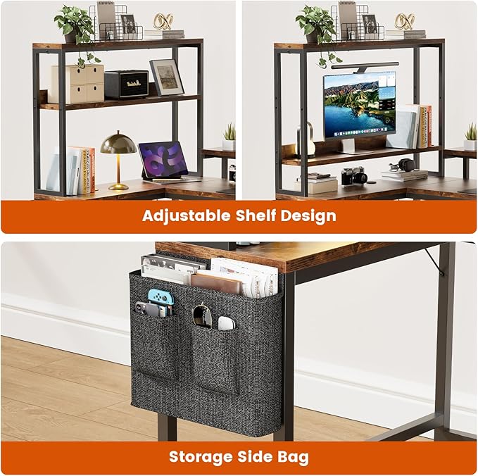 REAHOME 70 Inch L Shaped Desk with File Drawers and Reversible Storage Shelves, Computer Desk with Power Outlet & LED Strip, Home Office Desks, Writing Study Desk for Bedroom, Rustic Brown