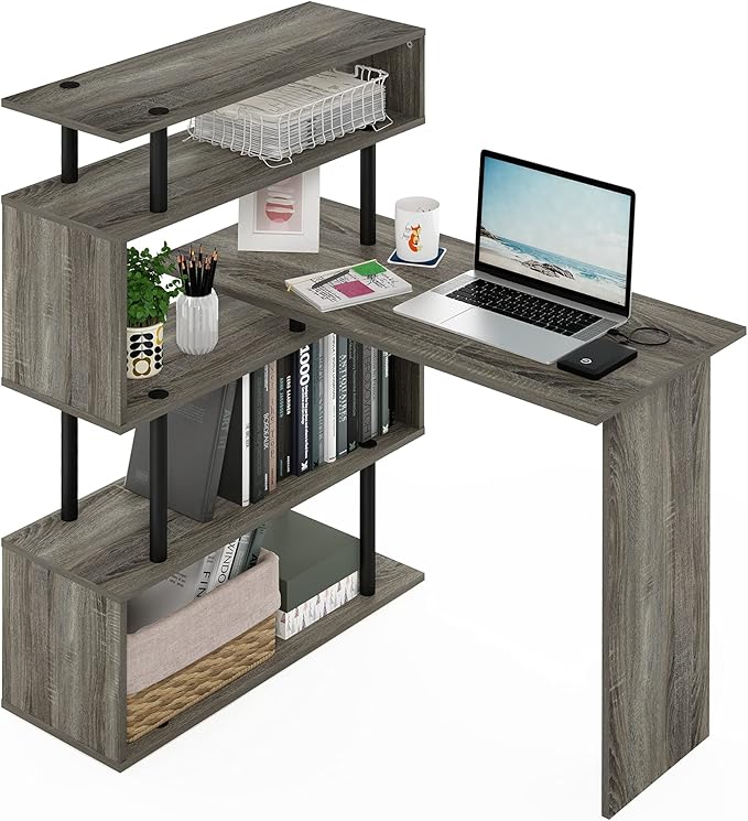 Furinno Classic L Shape Computer Desk, Gaming Desk, Office Desk with 5-Tier Shelves, 40" Wide, for Home Office, Study, Gaming, Grey Oak