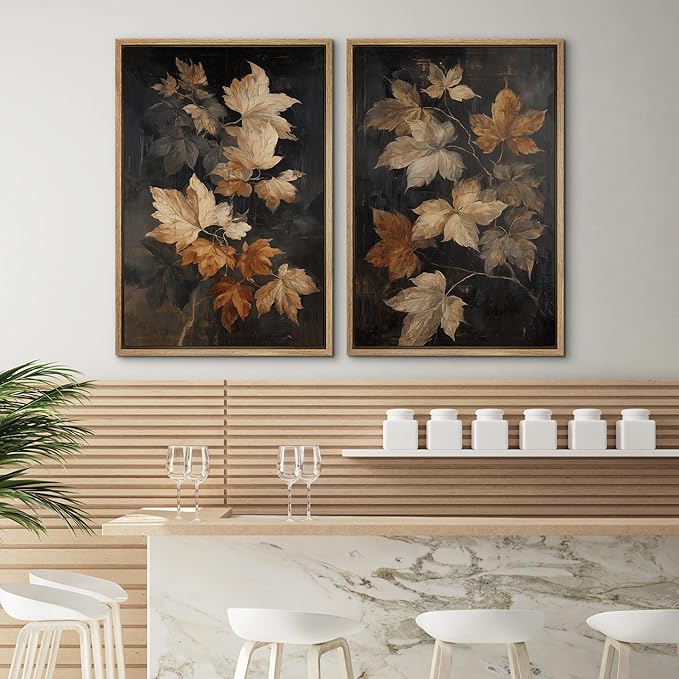 SIGNWIN Framed Canvas Print Wall Art Set Golden Brown Botanical Leaves Vintage Nature Illustrations Modern Art Minimal Boho Relax/Calm for Living Room, Bedroom, Office - 16"x24"x2 Natural