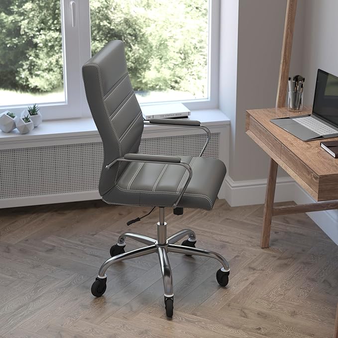 Flash Furniture Whitney High Back Gray LeatherSoft Executive Swivel Office Chair with Chrome Frame, Arms, and Transparent Roller Wheels