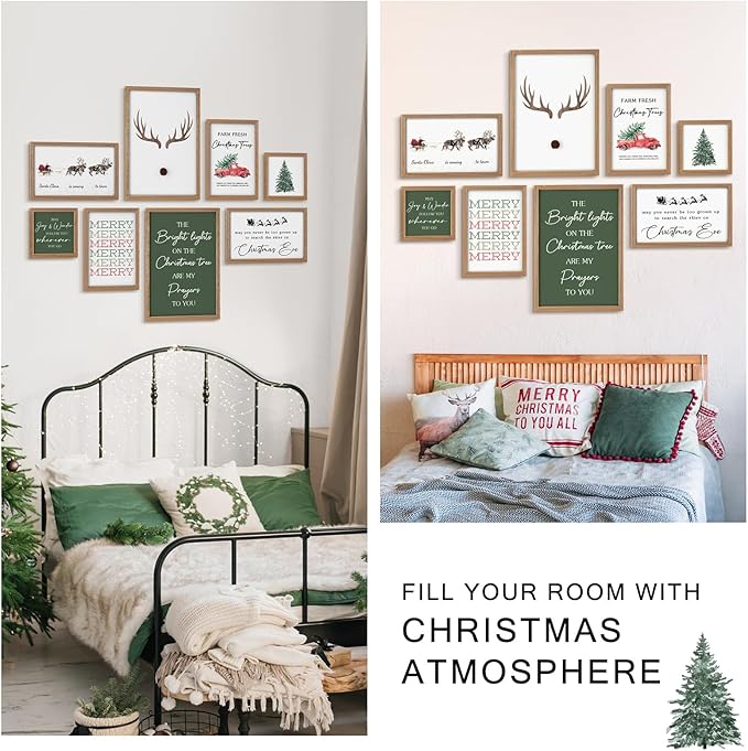 Faccito 8 Set Christmas Wall Art Decor Merry Christmas Wooden Framed Art Decor Xmas Elk Wall Decoration for Home Gallery Large Winter Decoration for Kitchen Bedroom Bathroom Living Room