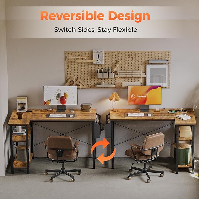 Mericonia Small L Shaped Computer Desk with Power Outlets, Reversible Gaming Desk with Storage Shelves, Corner Gamer Desk Table, Study Writing Table