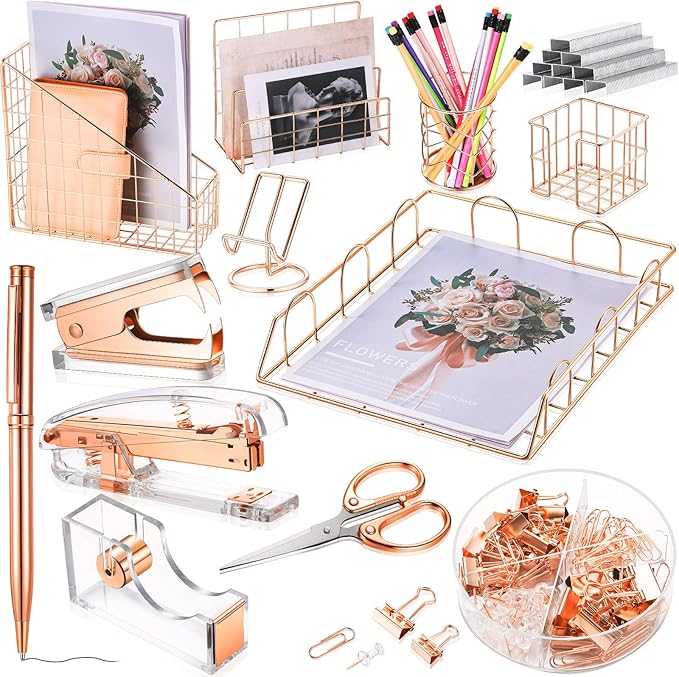 Yaomiao 13 Pcs Desk Accessories Set Kit Organizer Office Supplies Teacher Women School Gift Acrylic Stapler Staple Remover Tape Holder Pen Cup Magazine File Letter Clip Phone Holder Scissor(Rose Gold)