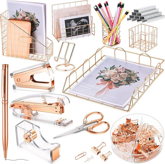 Yaomiao 13 Pcs Desk Accessories Set Kit Organizer Office Supplies Teacher Women School Gift Acrylic Stapler Staple Remover Tape Holder Pen Cup Magazine File Letter Clip Phone Holder Scissor(Rose Gold)