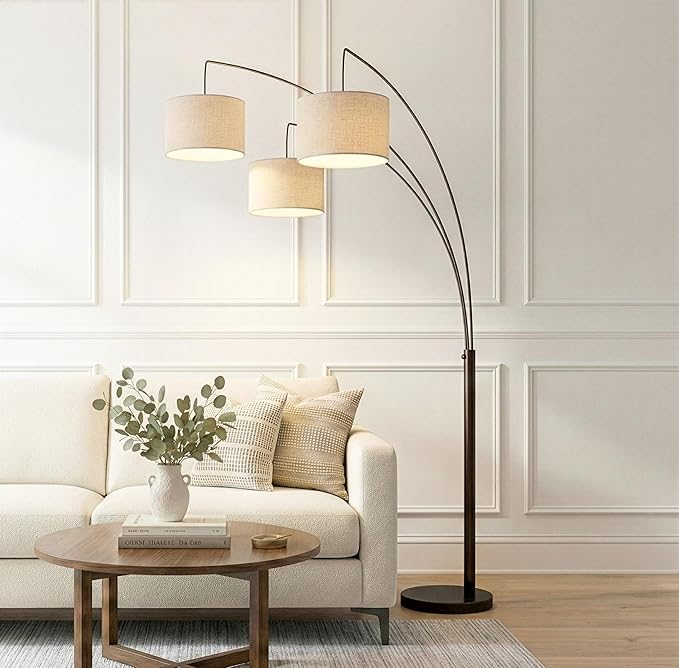 Brightech Trilage Arc Floor Lamp - Large Standing Lamp with 3 Fabric Shades & LED Bulbs for Living Room Over The Sofa, Reading, Multi-Head Traditional Tree Floor Lamp for Bedroom - Oil Rubbed Bronze