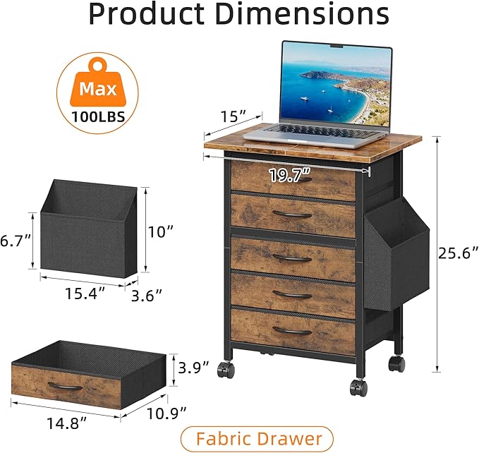 5 Fabric Drawers File Cabinet with Side Pocket, Rolling Printer Stand with Storage for Home Office, Wood Top Storage Cabinet for Documents and Crafts, Rustic Brown, 15" D