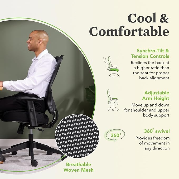 HON Wave High Back Ergonomic Office Chair with Adjustable Arms, High Back Ergonomic Desk Chair with Adjustable Arms, Breathable Mesh for Computer, 360° Swivel, Synchro-Tilt, Black