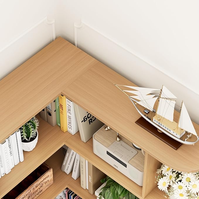 FOTOSOK 74” Tall Corner Bookshelf, 6-Tier Bookshelf and Bookcase with Open Storage, Tall Bookcases Wooden Storage Shelves for Home Office, Thickened Boards for Better Load Bearing, Natural