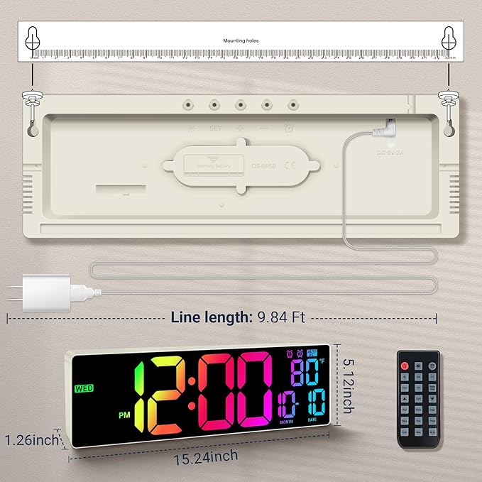 16.5" Large Digital Wall Clock: 11 RGB Color LED Display with Remote Control, Auto DST, Temperature & Date, Big Number Wall Clock for Seniors, Classroom, Office, Gym, Home Decor Khaki