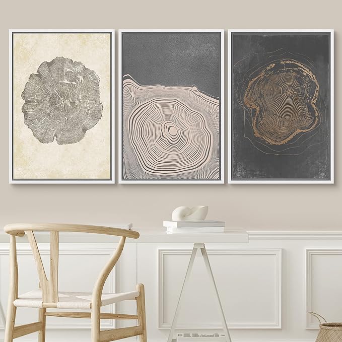 SIGNWIN Framed Canvas Print Wall Art Set Pastel Gray Wood Tree Ring Spirals Nature Abstract Drawings Modern Art Decorative Contemporary Minimal for Living Room, Bedroom, Office - 16"x24"x3 White