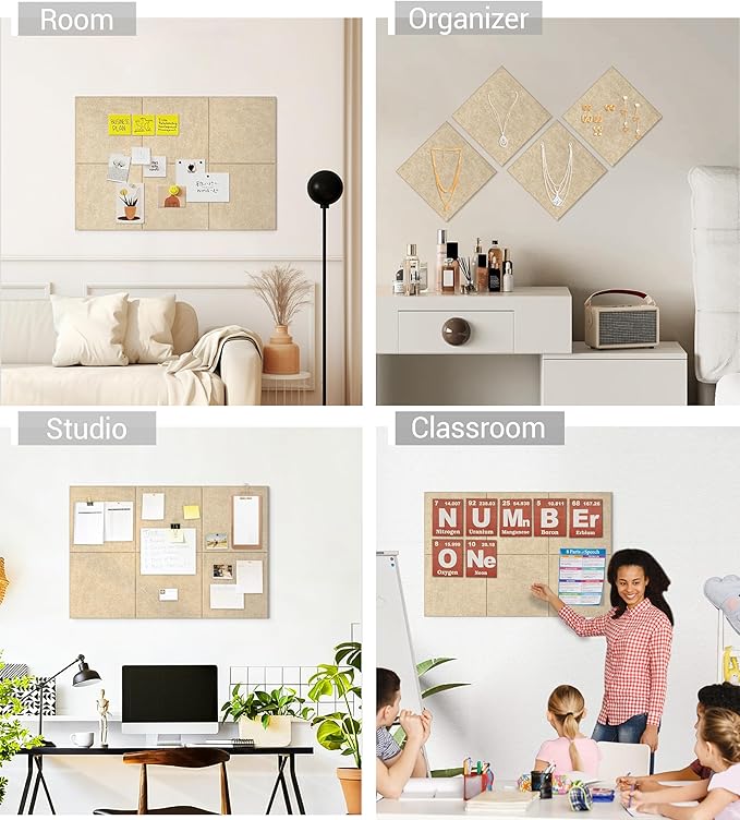 1/2" Thick Cork Board for Office, 6 Pack Felt Wall Tiles -28"x18" with Safe Adhesive Tabs, Large Bulletin Board, Push Pin Board Organizer Wall - Tan
