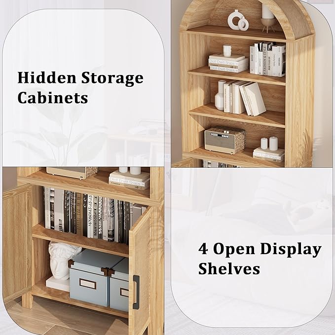 71" Tall Arched Bookcase with Storage, Mid-Century Modern 6-Tier Curved Cabinet with Door, Arched Bookshelf Cabinet with Open Display Storage Shelf for Office Living Room (Natural)
