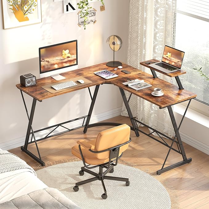 Mr IRONSTONE L Shaped Computer Desk: Corner Desk, Home Office Desk, Gaming Writing Workstation with Large Monitor Stand, Easy to Assemble (Rustic Brown,51 Inch)