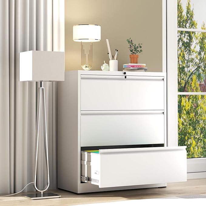File Cabinet with Lock, 3 Drawer Lateral Filing Cabinet for Home Office, Metal Heavy Duty File Cabinets for Hanging Letter/Legal/F4/A4 Size Files, Assembly Required (White)