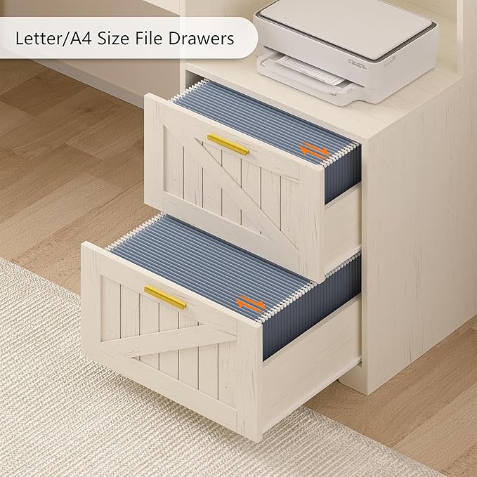 TVU Farmhouse L Shaped Desk with Drawers, 62.2" Home Office Desk with Storage Shelves and Power Outlet, L Shaped Computer Desk with Monitor Stand and Printer Shelf, White
