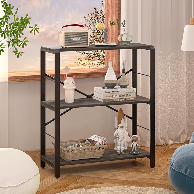 FOLUBAN Industrial Small Bookshelf, 3 Tier Low Short Book Shelf, Metal and Wood Bookcase for Small Spaces, Bedroom Living Room, Dark Gray