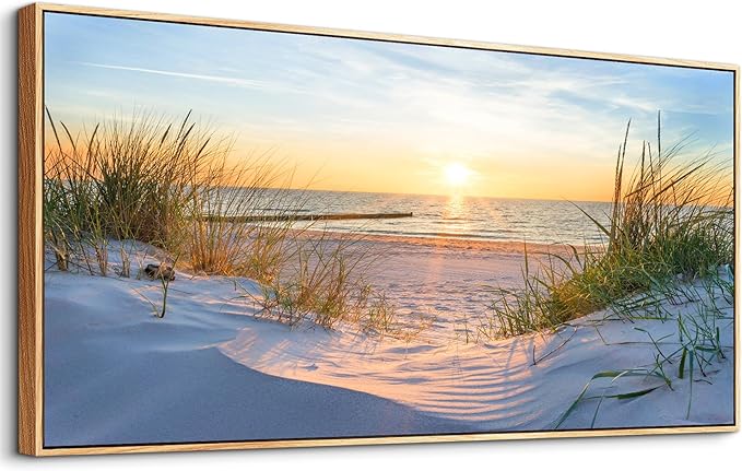 MHARTK66 Sunset Beach Wall Art for Living Room Golden Sunlight Sea Grass Dune Blue Ocean Seascape Picture HD Print On Canvas for Bedroom Office Home Decoration Framed Artwork Ready to Hang 30"x 60"