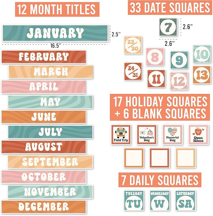 Hadley Designs Classroom Calendar Set Bulletin Board Decorations - Colorful School Calendar for Classroom Decor, Kindergarten Preschool Elementary Teacher Must Haves, Homeschool & Daycare Essentials
